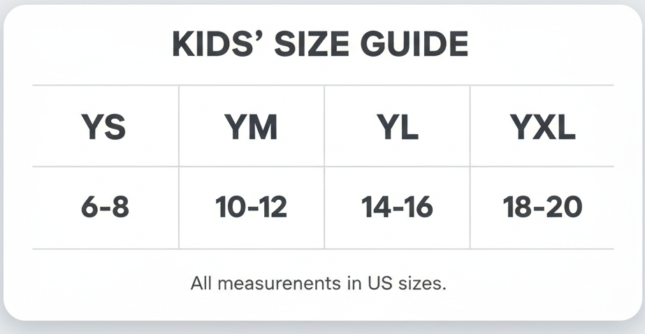 make a size chart for kids. us these Youth Fit & Size Chart
YS	YM	YL	YXL
Youth	6-8	10-12	14-16	18-20